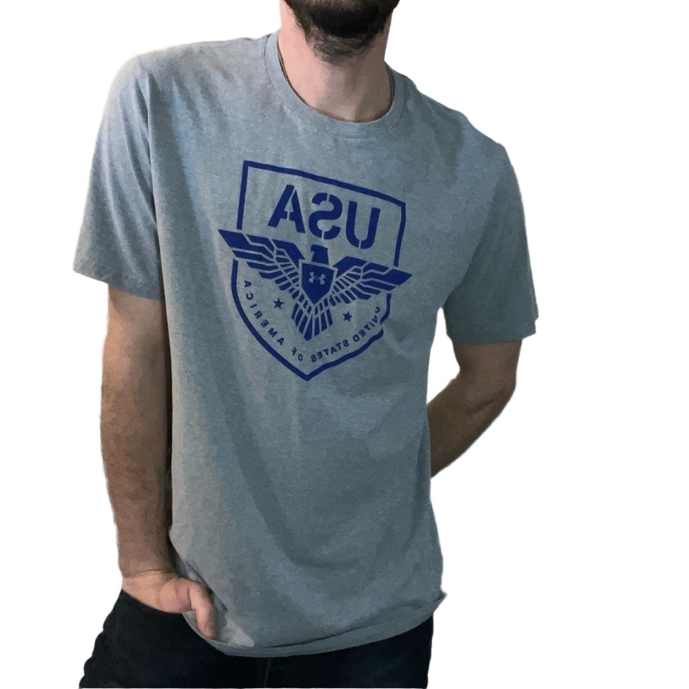 Under Armour Mens Gray Blue Patriotic Eagle Freedom Graphic T-Shirt Size Large